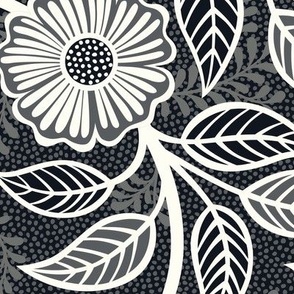 02 Soft Spring- Victorian Floral- Off White on Graphite- Climbing Vine with Flowers- Petal Signature Solids - Black and White- Natural- Neutral- Nursery Wallpaper- William Morris Inspired- Large