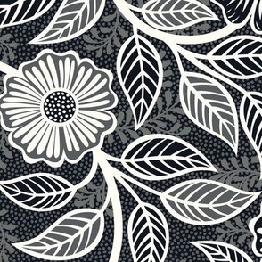 02 Soft Spring- Victorian Floral- Off White on Graphite- Climbing Vine with Flowers- Petal Signature Solids - Black and White- Natural- Neutral- Nursery Wallpaper- William Morris Inspired- Medium