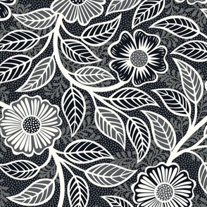 02 Soft Spring- Victorian Floral- Off White on Graphite- Climbing Vine with Flowers- Petal Signature Solids - Black and White- Natural- Neutral- Nursery Wallpaper- William Morris Inspired- Small