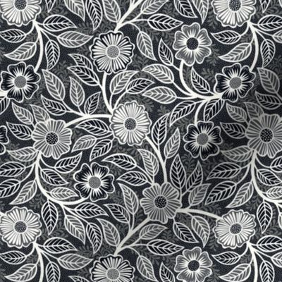 02 Soft Spring- Victorian Floral- Off White on Graphite- Climbing Vine with Flowers- Petal Signature Solids - Black and White- Natural- Neutral- Nursery Wallpaper- William Morris Inspired- Mini