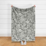 03 Soft Spring- Victorian Floral- Off White on Pewter- Climbing Vine with Flowers- Petal Signature Solids - Gray- Grey- Taupe- Natural- Neutral- Nursery Wallpaper- William Morris Inspired- Extra Large