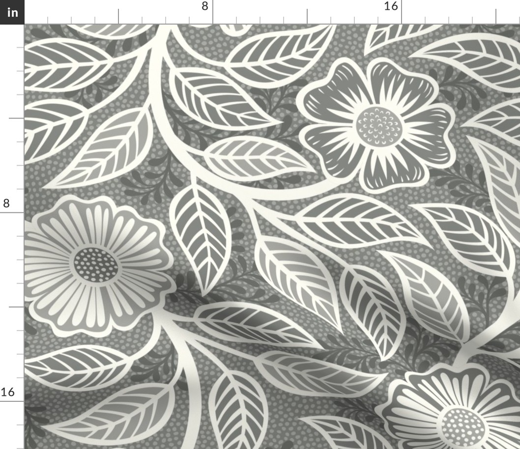 03 Soft Spring- Victorian Floral- Off White on Pewter- Climbing Vine with Flowers- Petal Signature Solids - Gray- Grey- Taupe- Natural- Neutral- Nursery Wallpaper- William Morris Inspired- Extra Large