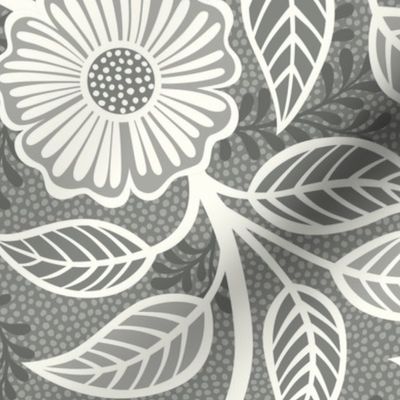 03 Soft Spring- Victorian Floral- Off White on Pewter- Climbing Vine with Flowers- Petal Signature Solids - Gray- Grey- Taupe- Natural- Neutral- Nursery Wallpaper- William Morris Inspired- Large