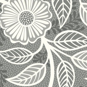 03 Soft Spring- Victorian Floral- Off White on Pewter- Climbing Vine with Flowers- Petal Signature Solids - Gray- Grey- Taupe- Natural- Neutral- Nursery Wallpaper- William Morris Inspired- Large