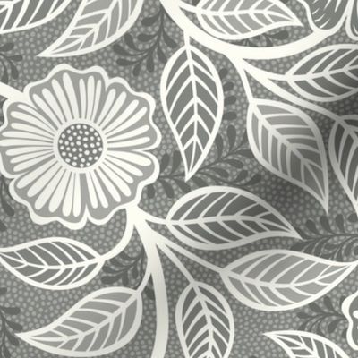 03 Soft Spring- Victorian Floral- Off White on Pewter- Climbing Vine with Flowers- Petal Signature Solids - Gray- Grey- Taupe- Natural- Neutral- Nursery Wallpaper- William Morris Inspired- Medium
