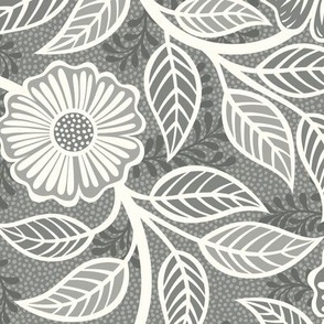 03 Soft Spring- Victorian Floral- Off White on Pewter- Climbing Vine with Flowers- Petal Signature Solids - Gray- Grey- Taupe- Natural- Neutral- Nursery Wallpaper- William Morris Inspired- Medium