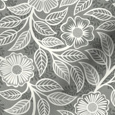 03 Soft Spring- Victorian Floral- Off White on Pewter- Climbing Vine with Flowers- Petal Signature Solids - Gray- Grey- Taupe- Natural- Neutral- Nursery Wallpaper- William Morris Inspired- Small