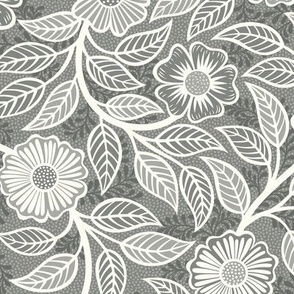 03 Soft Spring- Victorian Floral- Off White on Pewter- Climbing Vine with Flowers- Petal Signature Solids - Gray- Grey- Taupe- Natural- Neutral- Nursery Wallpaper- William Morris Inspired- Small