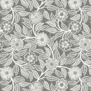 03 Soft Spring- Victorian Floral- Off White on Pewter- Climbing Vine with Flowers- Petal Signature Solids - Gray- Grey- Taupe- Natural- Neutral- Nursery Wallpaper- William Morris Inspired- Mini