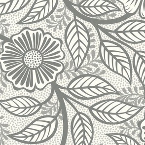 03 Soft Spring- Victorian Floral-Pewter on Off White- Climbing Vine with Flowers- Petal Signature Solids - Gray- Grey- Taupe- Natural- Neutral- William Morris Wallpaper- Medium