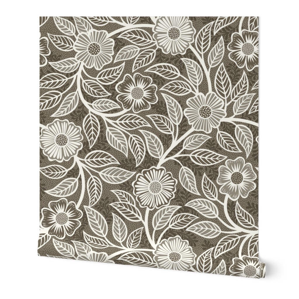 04 Soft Spring- Victorian Floral- Off White on Bark Brown- Climbing Vine with Flowers- Petal Signature Solids - Earth Tones- Taupe- Natural- Neutral- Nursery Wallpaper- William Morris Inspired- Extra Large