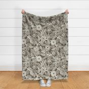 04 Soft Spring- Victorian Floral- Off White on Bark Brown- Climbing Vine with Flowers- Petal Signature Solids - Earth Tones- Taupe- Natural- Neutral- Nursery Wallpaper- William Morris Inspired- Extra Large