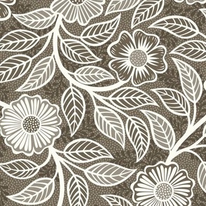 04 Soft Spring- Victorian Floral- Off White on Bark Brown- Climbing Vine with Flowers- Petal Signature Solids - Earth Tones- Taupe- Natural- Neutral- Nursery Wallpaper- William Morris- Small