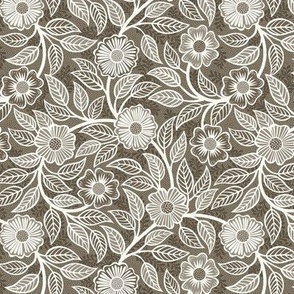 04 Soft Spring- Victorian Floral- Off White on Bark Brown- Climbing Vine with Flowers- Petal Signature Solids - Earth Tones- Taupe- Natural- Neutral- Nursery Wallpaper- William Morris- Mini
