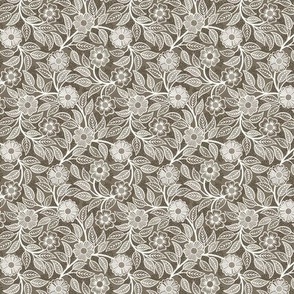 04 Soft Spring- Victorian Floral- Off White on Bark Brown- Climbing Vine with Flowers- Petal Signature Solids - Earth Tones- Taupe- Natural- Neutral- Nursery Wallpaper- William Morris- Micro