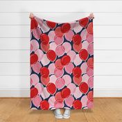 Large jumbo scale // Party time // midnight blue background pink coral and red rounded transparent faux textured birthday balloons 