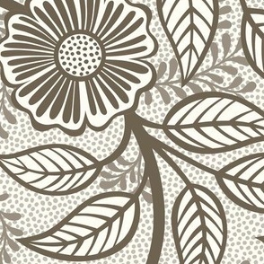 04 Soft Spring- Victorian Floral-Bark Brown on Off White- Climbing Vine with Flowers- Petal Signature Solids - Earth Tones- Taupe- Natural- Neutral- William Morris Wallpaper- Large