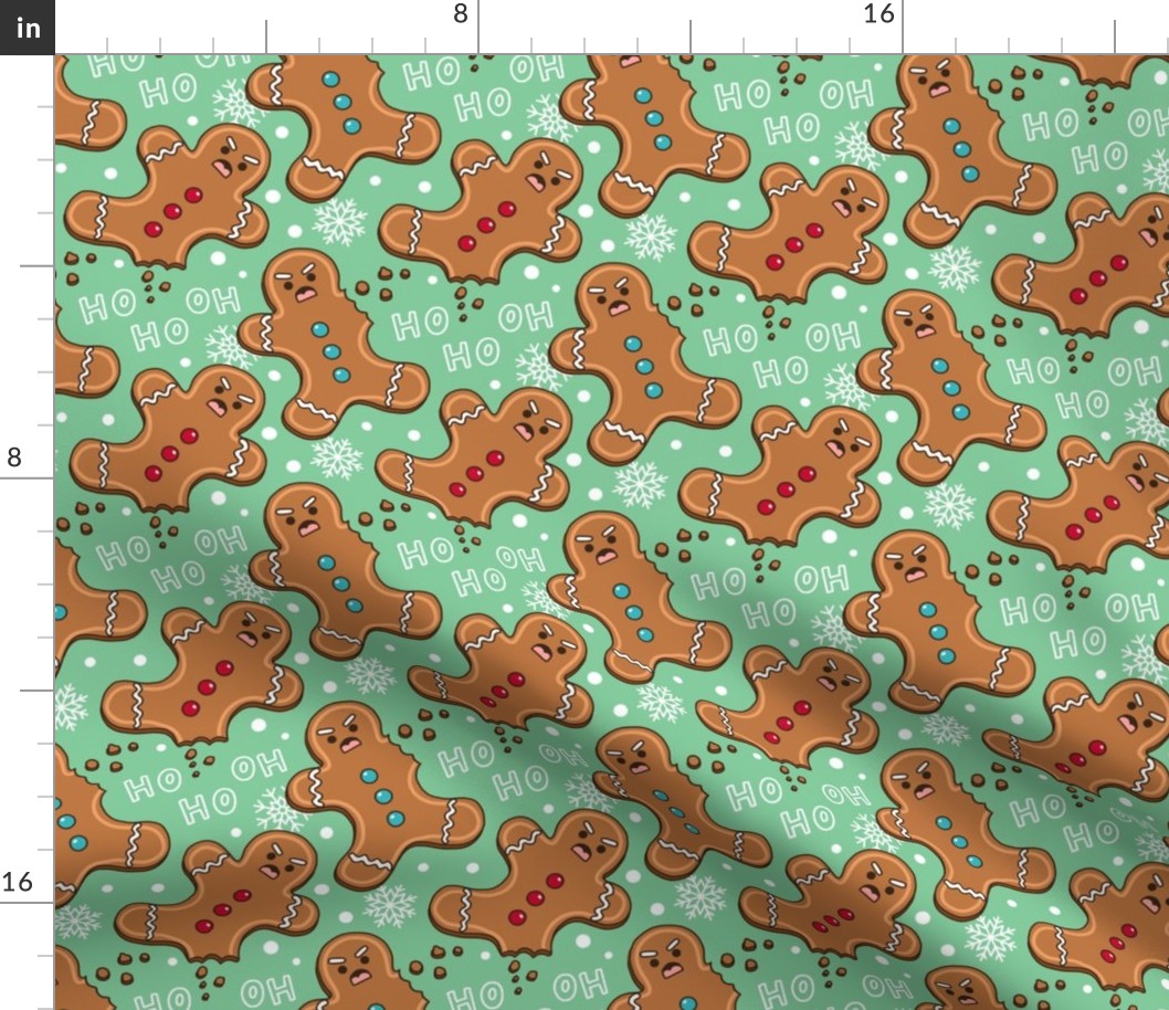 angry gingerbread man light green, funny Christmas fabric WB23