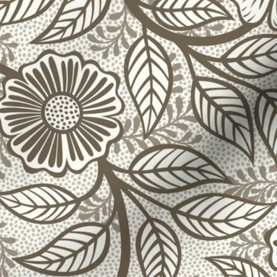 04 Soft Spring- Victorian Floral-Bark Brown on Off White- Climbing Vine with Flowers- Petal Signature Solids - Earth Tones- Taupe- Natural- Neutral- William Morris Wallpaper- Medium