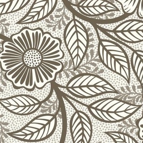 04 Soft Spring- Victorian Floral-Bark Brown on Off White- Climbing Vine with Flowers- Petal Signature Solids - Earth Tones- Taupe- Natural- Neutral- William Morris Wallpaper- Medium