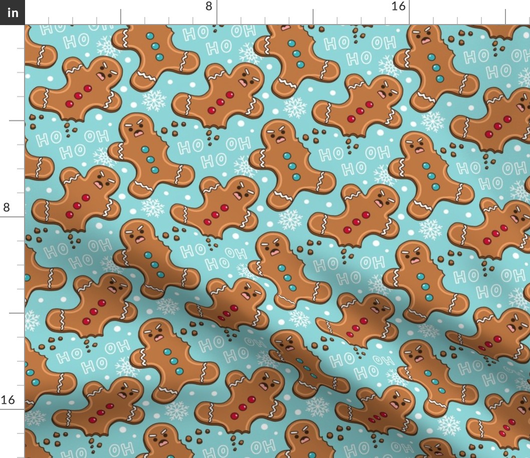 angry gingerbread man turquoise, funny Christmas fabric WB23