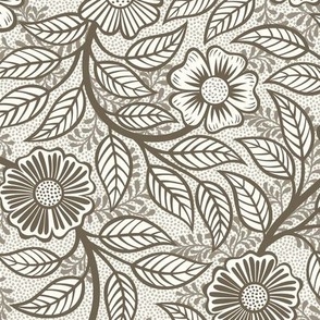 04 Soft Spring- Victorian Floral-Bark Brown on Off White- Climbing Vine with Flowers- Petal Signature Solids - Earth Tones- Taupe- Natural- Neutral- William Morris Wallpaper- Small