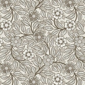 04 Soft Spring- Victorian Floral-Bark Brown on Off White- Climbing Vine with Flowers- Petal Signature Solids - Earth Tones- Taupe- Natural- Neutral- William Morris Wallpaper- Mini