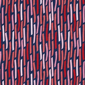 Small scale // Confetti vertical stripes // midnight blue background pink coral and red faux textured dashed lines dinosaur birthday party decor
