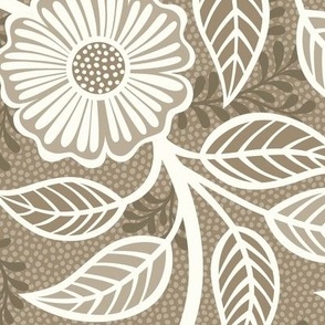 05 Soft Spring- Victorian Floral- Off White on Mushroom Brown- Climbing Vine with Flowers- Petal Signature Solids - Earth Tones- Taupe- Natural- Neutral- Nursery Wallpaper- William Morris- Large