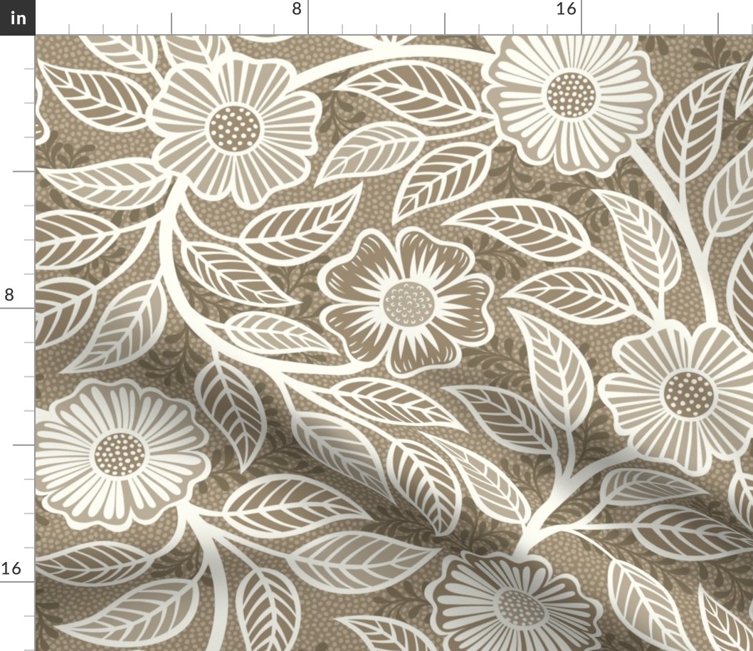 05 Soft Spring- Victorian Floral- Off White on Mushroom Brown- Climbing Vine with Flowers- Petal Signature Solids - Earth Tones- Taupe- Natural- Neutral- Nursery Wallpaper- William Morris- Large