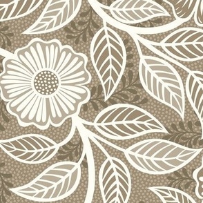 05 Soft Spring- Victorian Floral- Off White on Mushroom Brown- Climbing Vine with Flowers- Petal Signature Solids - Earth Tones- Taupe- Natural- Neutral- Nursery Wallpaper- William Morris- Medium