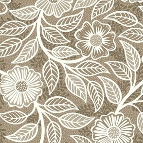 05 Soft Spring- Victorian Floral- Off White on Mushroom Brown- Climbing Vine with Flowers- Petal Signature Solids - Earth Tones- Taupe- Natural- Neutral- Nursery Wallpaper- William Morris- Small