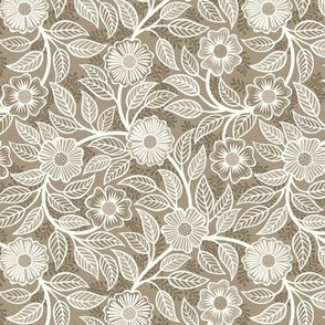 05 Soft Spring- Victorian Floral- Off White on Mushroom Brown- Climbing Vine with Flowers- Petal Signature Solids - Earth Tones- Taupe- Natural- Neutral- Nursery Wallpaper- William Morris- Mini