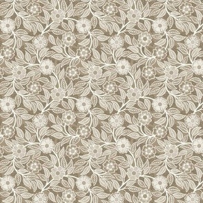 05 Soft Spring- Victorian Floral- Off White on Mushroom Brown- Climbing Vine with Flowers- Petal Signature Solids - Earth Tones- Taupe- Natural- Neutral- Nursery Wallpaper- William Morris- Micro