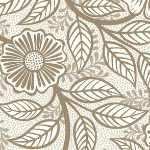 05 Soft Spring- Victorian Floral-Mushroom Brown on Off White- Climbing Vine with Flowers- Petal Signature Solids - Earth Tones- Taupe- Natural- Neutral- William Morris Wallpaper- Medium