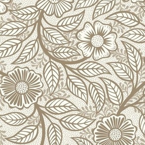 05 Soft Spring- Victorian Floral-Mushroom Brown on Off White- Climbing Vine with Flowers- Petal Signature Solids - Earth Tones- Taupe- Natural- Neutral- William Morris Wallpaper- Small