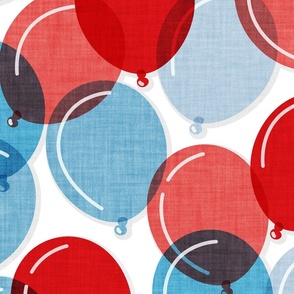 Large jumbo scale // Party time // white background blue coral and red rounded transparent faux textured birthday balloons 
