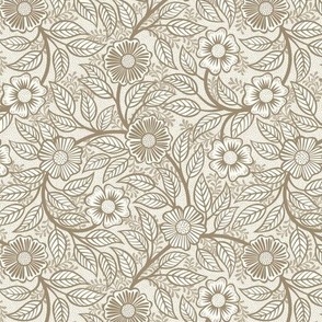 05 Soft Spring- Victorian Floral-Mushroom Brown on Off White- Climbing Vine with Flowers- Petal Signature Solids - Earth Tones- Taupe- Natural- Neutral- William Morris Wallpaper- Mini