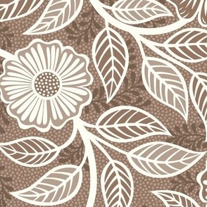 06 Soft Spring- Victorian Floral- Off White on Mocha Brown- Climbing Vine with Flowers- Petal Signature Solids - Earth Tones- Terracotta- Natural- Neutral- William Morris Wallpaper- Medium