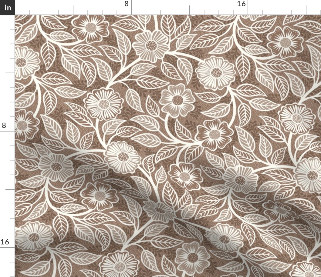 06 Soft Spring- Victorian Floral- Off White on Mocha Brown- Climbing Vine with Flowers- Petal Signature Solids - Earth Tones- Terracotta- Natural- Neutral- William Morris Wallpaper- Small