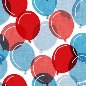 Normal scale // Party time // white background blue coral and red rounded transparent faux textured birthday balloons 
