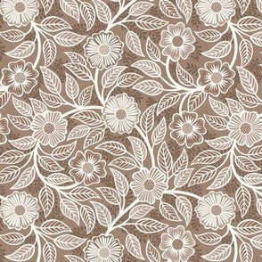 06 Soft Spring- Victorian Floral- Off White on Mocha Brown- Climbing Vine with Flowers- Petal Signature Solids - Earth Tones- Terracotta- Natural- Neutral- William Morris Wallpaper- Mini