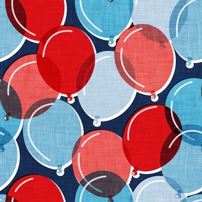 Normal scale // Party time // midnight blue background blue coral and red rounded transparent faux textured birthday balloons 