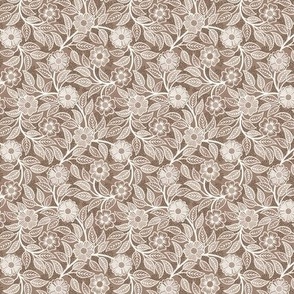 06 Soft Spring- Victorian Floral- Off White on Mocha Brown- Climbing Vine with Flowers- Petal Signature Solids - Earth Tones- Terracotta- Natural- Neutral- William Morris Wallpaper- Micro