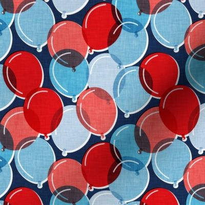 Small scale // Party time // midnight blue background blue coral and red rounded transparent faux textured birthday balloons 