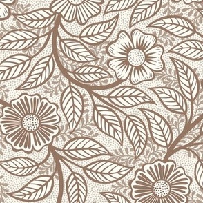 06 Soft Spring- Victorian Floral-Mocha Brown on Off White- Climbing Vine with Flowers- Petal Signature Solids - Earth Tones- Terracotta- Natural- Neutral- William Morris Wallpaper- Small