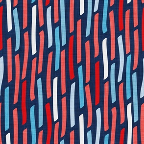 Normal scale // Confetti vertical stripes // midnight blue background blue coral and red faux textured dashed lines dinosaur birthday party decor