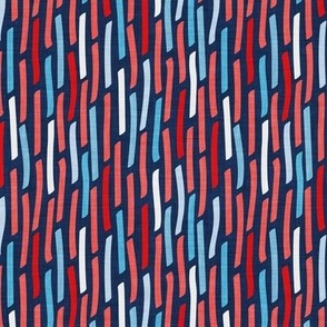 Small scale // Confetti vertical stripes // midnight blue background blue coral and red faux textured dashed lines dinosaur birthday party decor