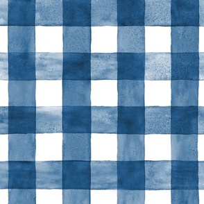 French Country Blue Watercolor Gingham - Large Scale - Cobalt or Navy Blue Checkers Buffalo Plaid Checkers