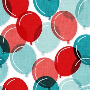 Normal scale // Party time // white background mint aqua coral and red rounded transparent faux textured birthday balloons 